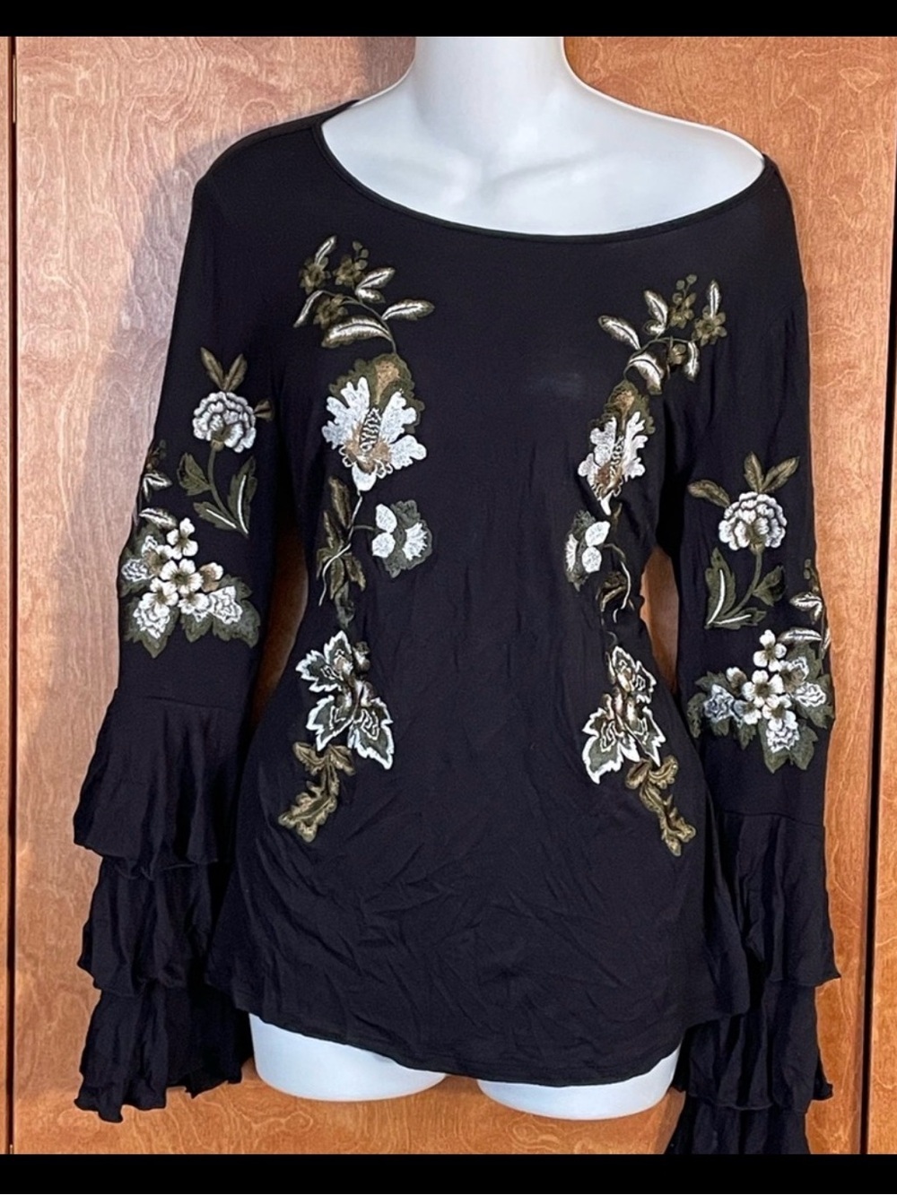 INC International Concepts Black Embroidered Floral Ruffle-Sleeve Blouse